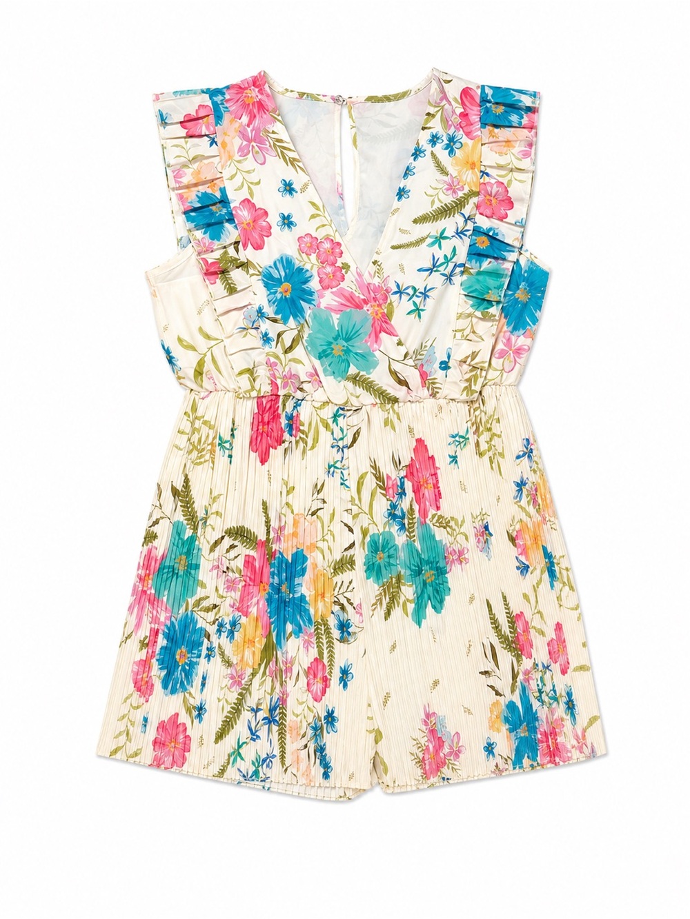 OiBili Floral Pleated Romper L Pastel Ruffle Sleeve Cottagecore